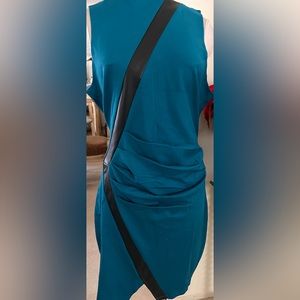 Faux Leather Detailed Ruched Ponte Knit Dress